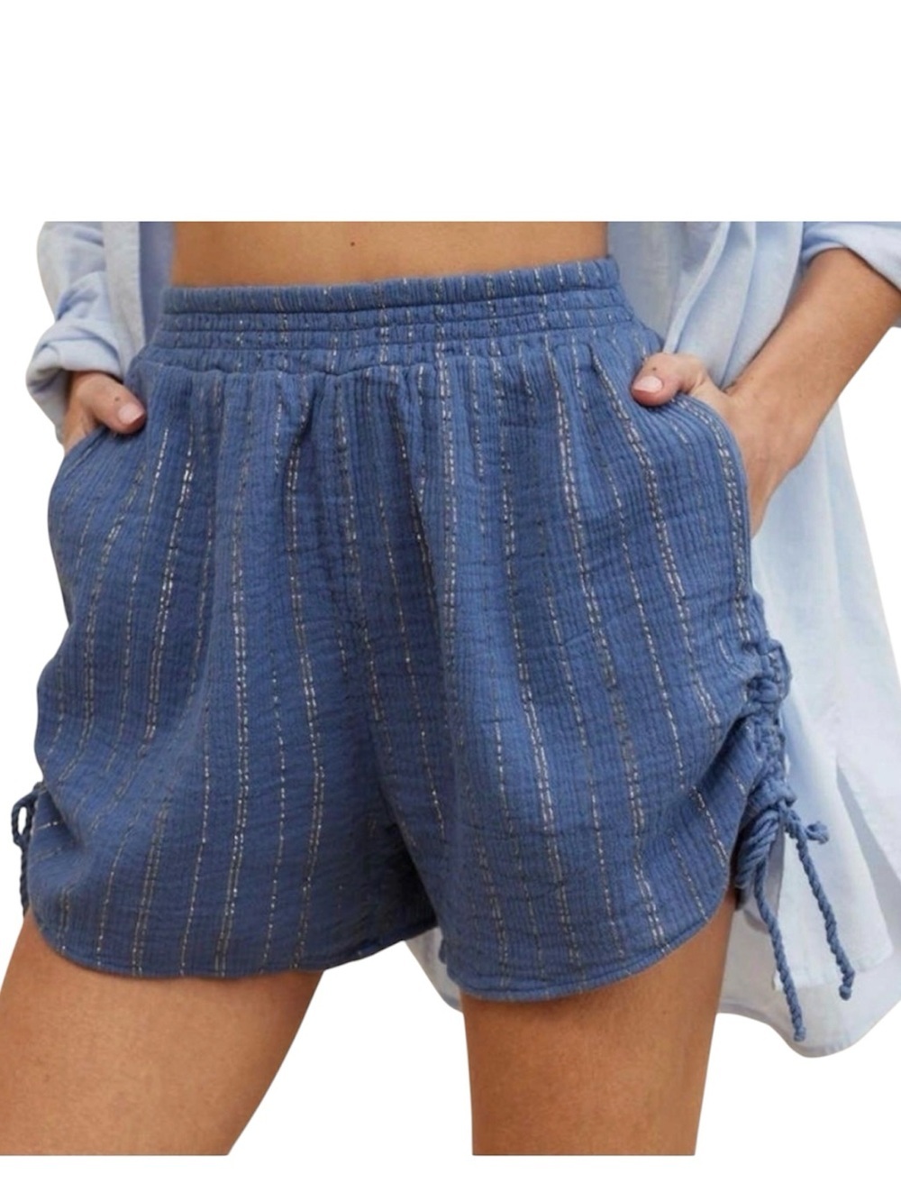 Aerie Lurex  Blue Textured Drawstring Cinch Shorts Size Small